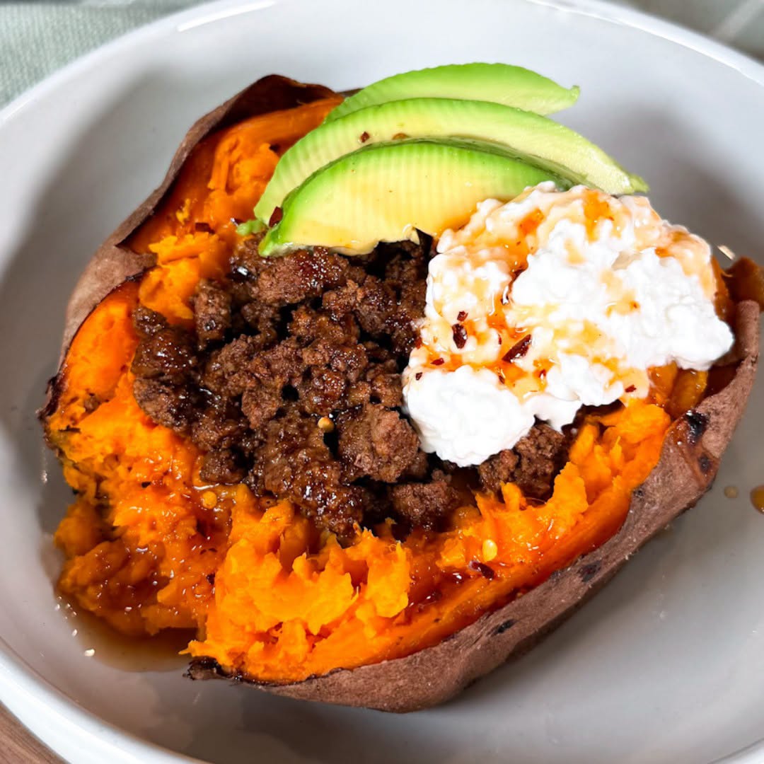 Hot Honey Stuffed Sweet Potatoes with Ground Beef, Cottage Cheese, & Avocado