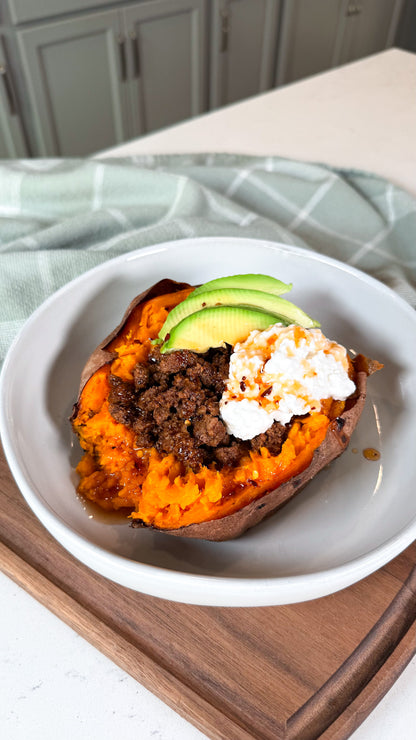 Hot Honey Stuffed Sweet Potatoes with Ground Beef, Cottage Cheese, & Avocado
