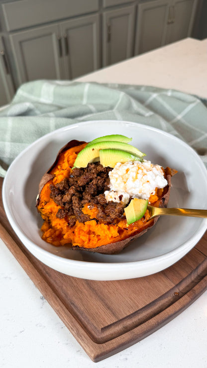 Hot Honey Stuffed Sweet Potatoes with Ground Beef, Cottage Cheese, & Avocado