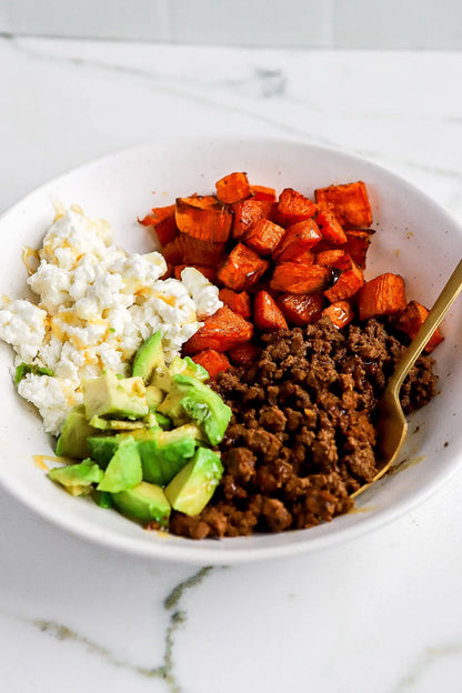 Loaded Sweet Potatoes with Ground Beef, Cottage Cheese, & Avocado