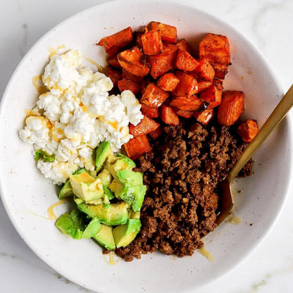 Loaded Sweet Potatoes with Ground Beef, Cottage Cheese, & Avocado
